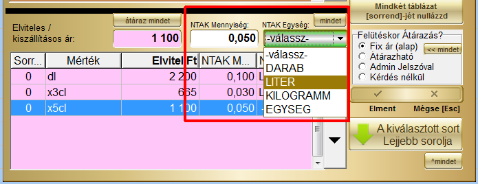 NTAK mérték beállítás