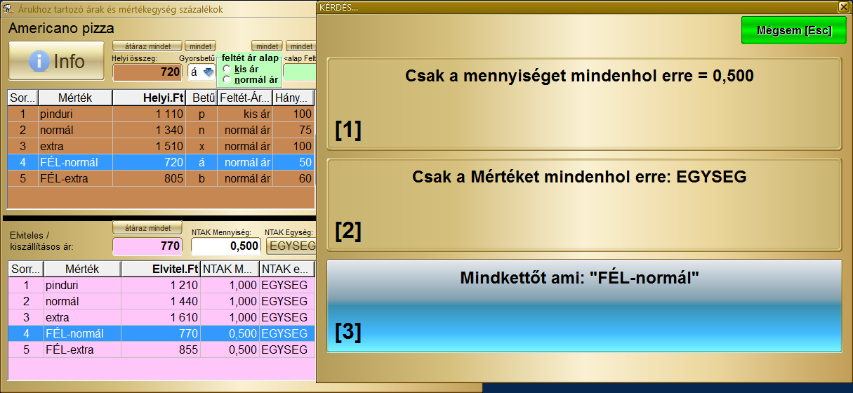 NTAK sorozatos Mennyiség és Egység átállítás