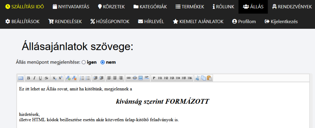 Állás rovat - szerkesztő admin oldal
